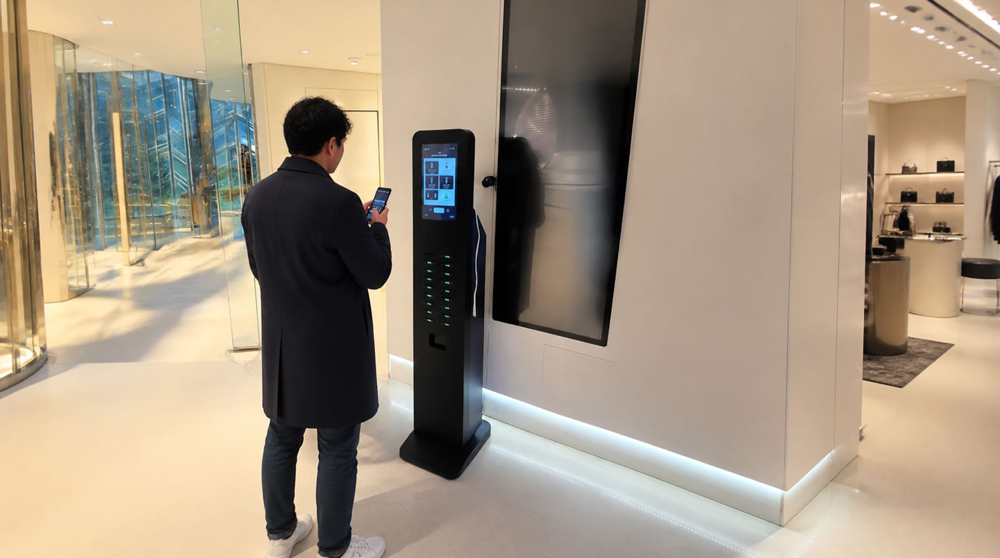 Borne de batteries portables en libre-service, main prenant une batterie.