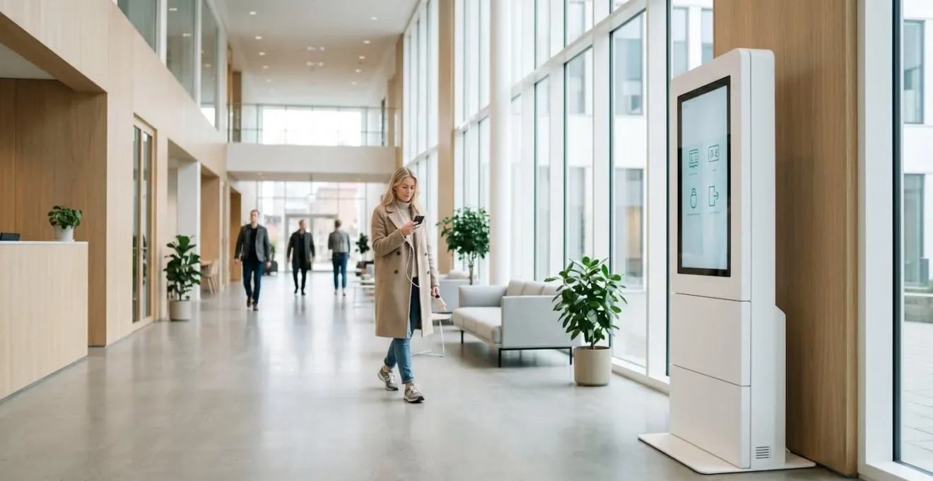 Borne OneFlash design intégrée dans un hall moderne, personnes utilisant le service.