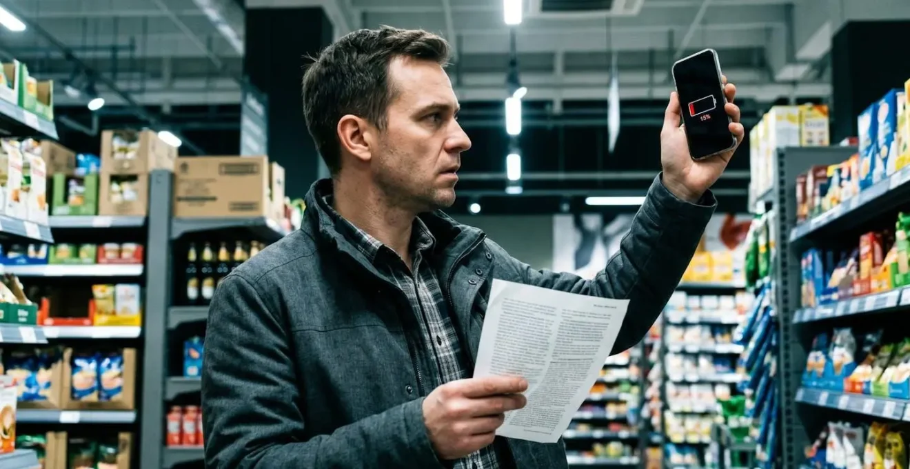 Client regardant son téléphone avec batterie faible dans un magasin, expression frustrée.