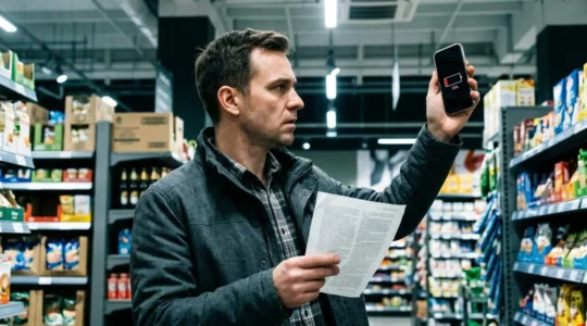 Client regardant son téléphone avec batterie faible dans un magasin, expression frustrée.
