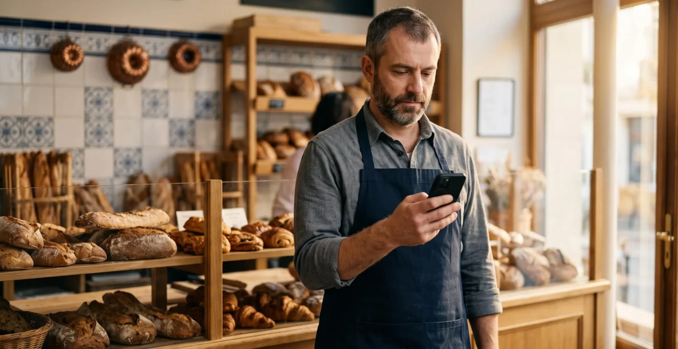 Un boulanger consulte un SMS reçu sur son téléphone derrière le comptoir de sa boulangerie.