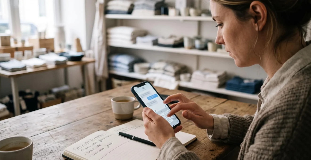 Une gérante de boutique rédige un SMS professionnel sur son smartphone à son bureau.