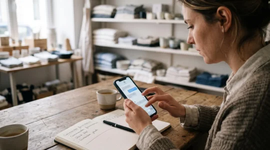 Une gérante de boutique rédige un SMS professionnel sur son smartphone à son bureau.